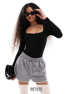 Miss Selfridge Petite Long Sleeve Square Neck Bodysuit In Black For Women