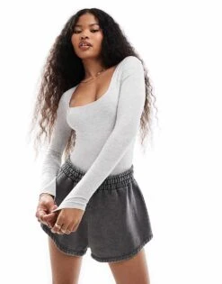 Miss Selfridge Petite Long Sleeve Square Neck Bodysuit In Grey Marl For Women