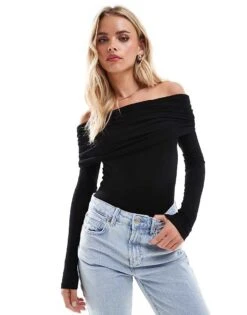 Miss Selfridge Petite Long Sleeve Bardot Bodysuit In Black For Women