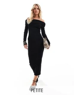 Miss Selfridge Petite Long Sleeve Bardot Maxi Dress In Black For Women
