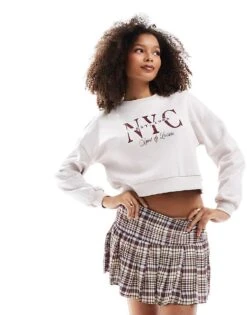 Miss Selfridge NYC Graphic Cropped Sweatshirt In Ecru For Women