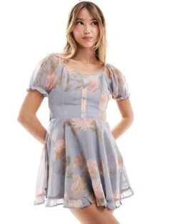 Miss Selfridge Chiffon Bow Back Rara Double Layer Playsuit In Blue Floral For Women Blue Vintage Floral