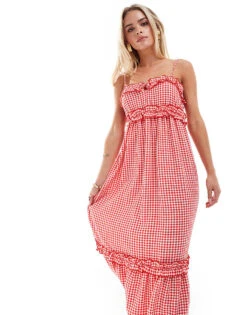 Miss Selfridge Petite Cami Ruffle Trim Maxi Dress In Red Gingham For Women