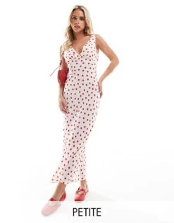 Miss Selfridge Petite V Neck Wide Strap Maxi Slip Dress In Red Polka Dot For Women