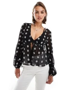 Miss Selfridge Embroidered Daisy Tie Front Blouse In Black For Women