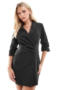 Miss Selfridge Petite Miss Selfridge Blazer Dress With Ruched Detail In Pinstripe For Women Mono Pinstripe