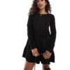 Miss Selfridge Petite Long Sleeve Washed Smock Mini Dress In Black For Women
