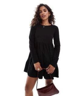 Miss Selfridge Petite Long Sleeve Washed Smock Mini Dress In Black For Women