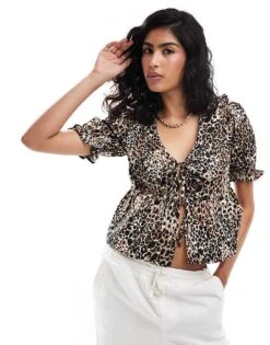 Miss Selfridge Poplin Collared Blouse In Leopard Print For Women