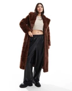 Miss Selfridge Faux Fur Maxi Coat In Rich Chocolate Brown For Women