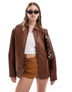 Miss Selfridge Washed Faux Leather Oversized Bomber Jacket In Chestnut For Women