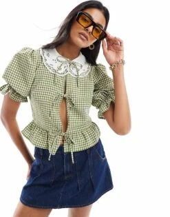 Miss Selfridge Collared Tie Front Blouse In Gingham Khaki For Women