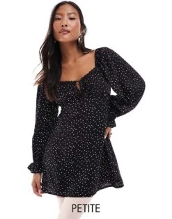 Miss Selfridge Petite Ribbon Detail Tie Front Mini Tea Dress In Polka Dot For Women Black Polka Dot