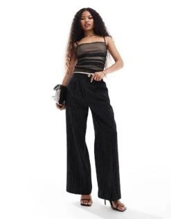 Miss Selfridge Petite Tailored Straight Leg Trouser In Mono Pinstripe For Women Black