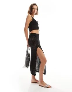 Miss Selfridge Crochet Maxi Skirt With Split Detail In Black For Women