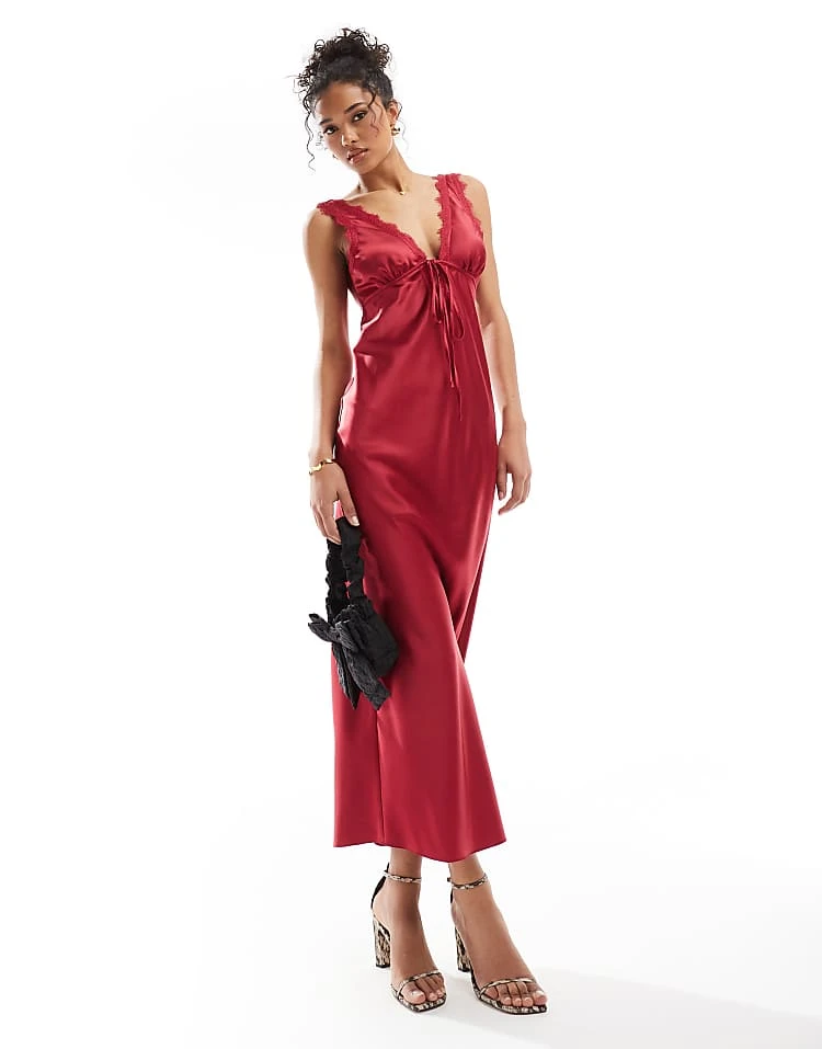 Miss Selfridge Satin Lace Trim Maxi Dress In Wine Red For Women