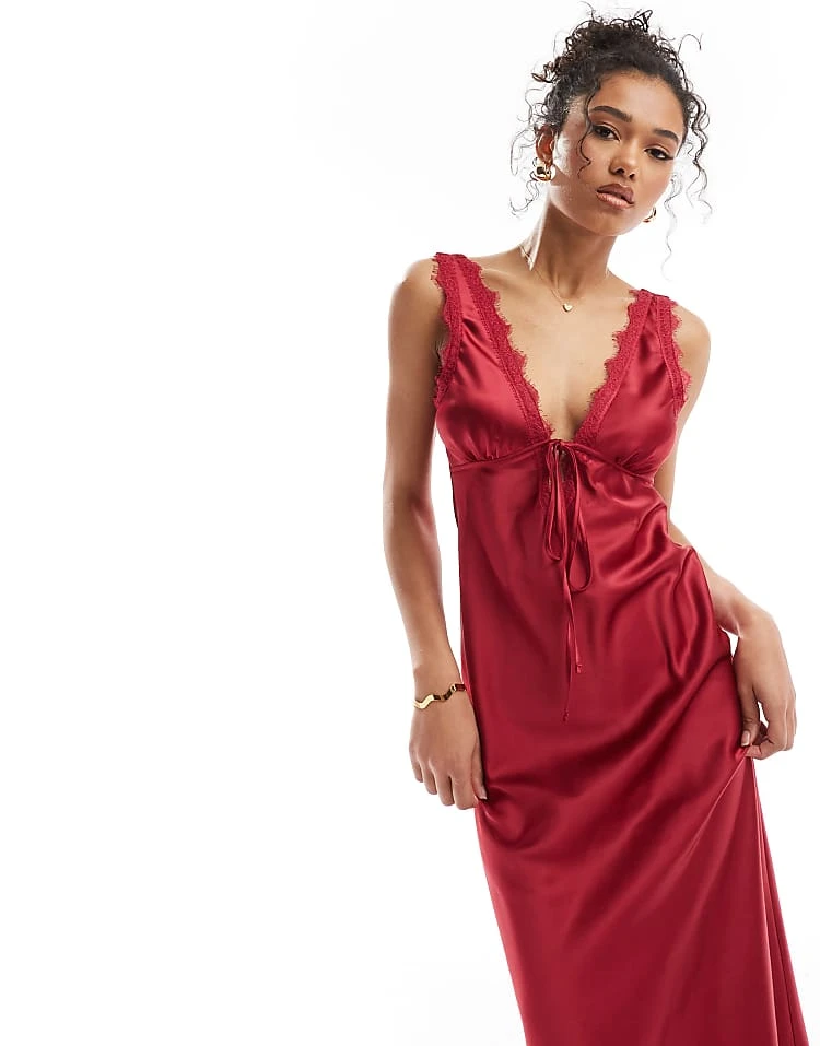 Miss Selfridge Satin Lace Trim Maxi Dress In Wine Red For Women - Image 3