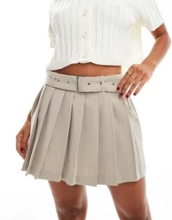 Miss Selfridge Belted Pleated Mini Skirt In Stone For Women
