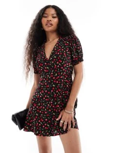 Miss Selfridge Button Through Mini Tea Dress In Cherry Print For Women Tbc
