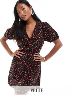 Miss Selfridge Petite Button Through Mini Tea Dress In Cherry Print For Women Multi
