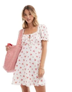 Miss Selfridge Square Neck Mini Tea Dress With Puff Sleeve In Floral Print For Women