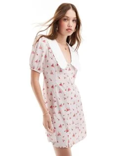 Miss Selfridge Short Sleeve Collar Mini Dress In Pink Print For Women Multi Pink Print