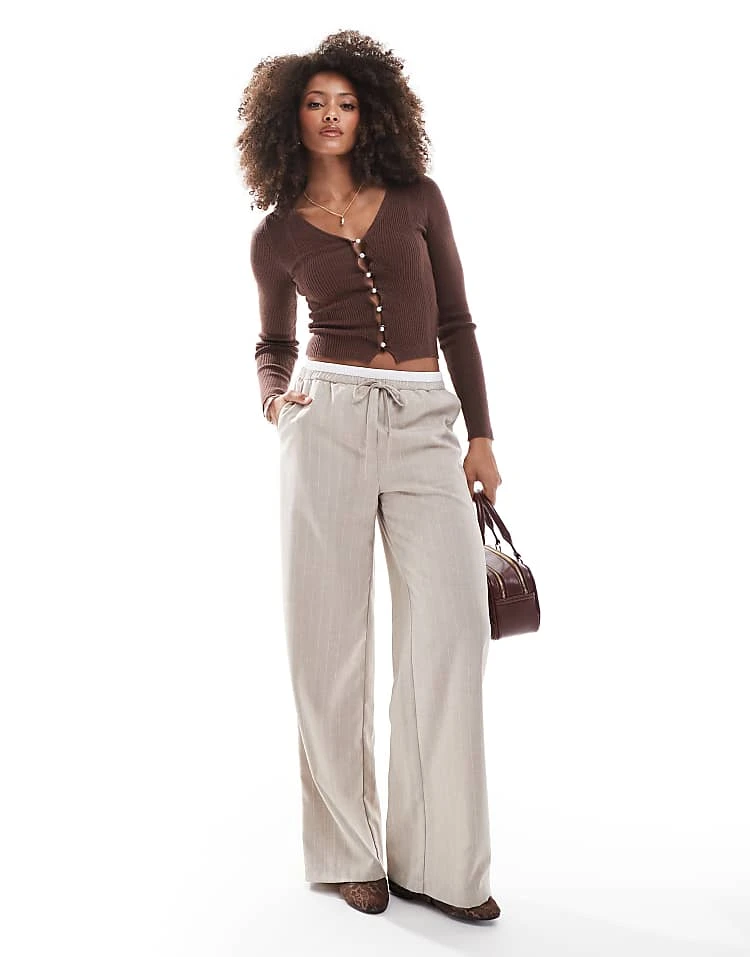 Miss Selfridge Cosy Knit Rib V Neck Faux Pearl Button Detail Long Sleeve Top In Chocolate For Women - Image 2