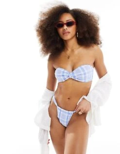 Miss Selfridge Textured Check Bikini Set In Blue