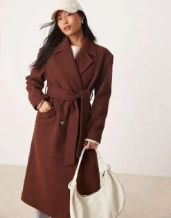 Miss Selfridge Petite Belted Wrap Formal Coat In Chocolate For Women