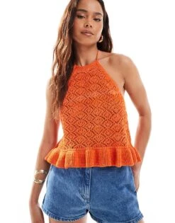 Miss Selfridge Crochet Halter Neck Top In Orange For Women