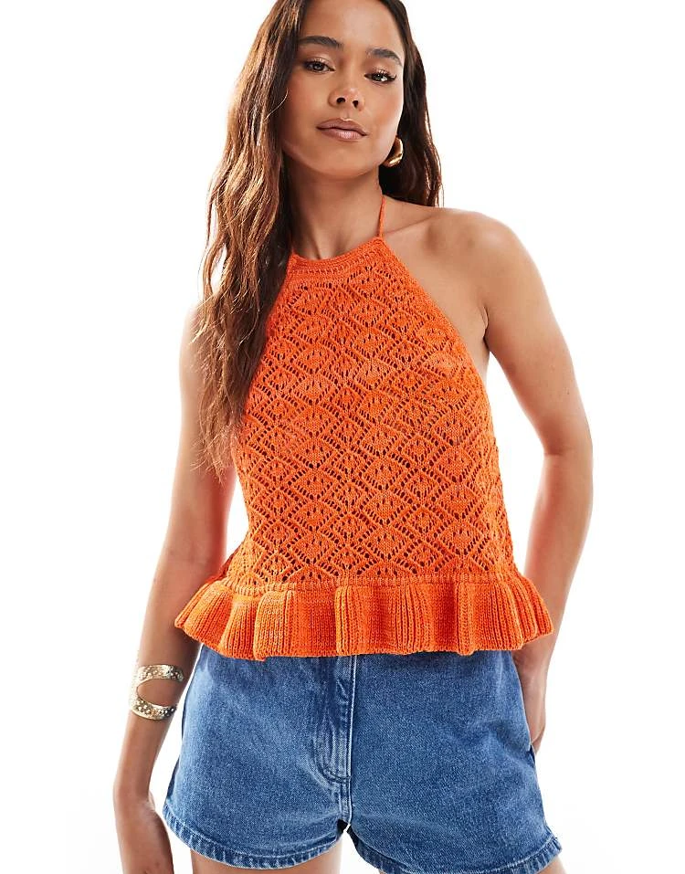 Miss Selfridge Crochet Halter Neck Top In Orange For Women