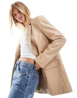 Miss Selfridge Faux Leather Oversized Blazer In Neutral For Women