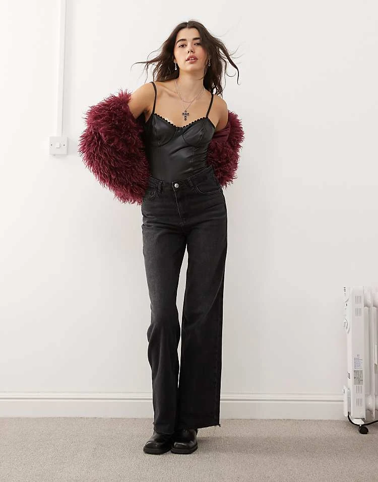 Miss Selfridge Faux Leather Bodysuit With Lace Trim In Black For Women - Image 3