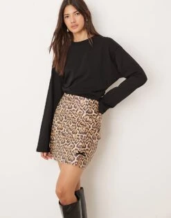 Miss Selfridge Faux Leather Mini Skirt With Bow Detail In Leopard For Women
