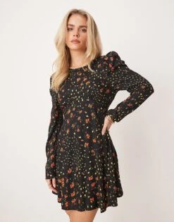 Miss Selfridge Petite Ribbon Detail Tea Dress In Black Floral Print For Women Multi