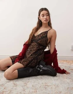 Miss Selfridge Devore Lace Insert Cami Mini Dress In Leopard For Women