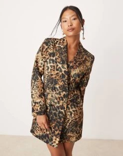 Miss Selfridge Petite Longline Blazer Dress In Animal Print For Women Multi