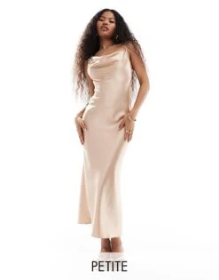 Miss Selfridge Petite Satin Asym Cowl Maxi Dress For Women Gold