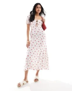 Miss Selfridge Tie Front Maxi Dress With Puff Sleeves In Ditsy Floral Print For Women