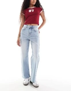 Miss Selfridge Petite Straight Leg Jean In Mid Wash For Women Mid Blue Wash