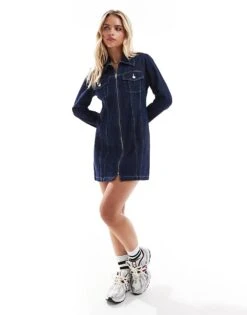 Miss Selfridge Petite Denim Zip Shirt Dress In Dark Wash For Women