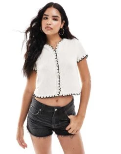 Miss Selfridge Blanket Stitch Short Sleeve Cardigan For Women White