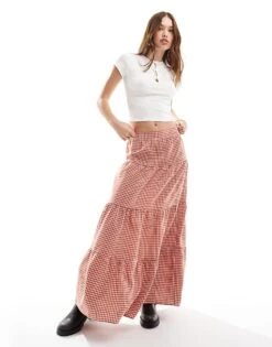 Miss Selfridge Tiered Maxi Gingham Skirt In Rust For Women