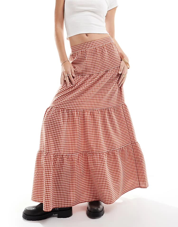 Miss Selfridge Tiered Maxi Gingham Skirt In Rust For Women - Image 4