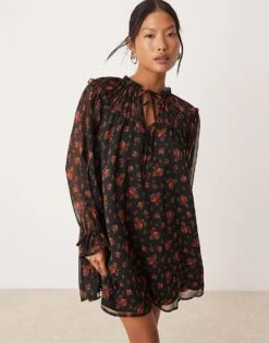 Miss Selfridge Petite Yoke Detail Smock Dress For Women Black Ditsy