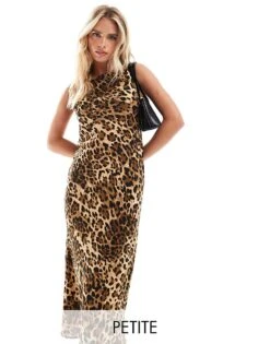 Miss Selfridge Petite Slash Neck Scoop Back Maxi Dress In Animal Print For Women