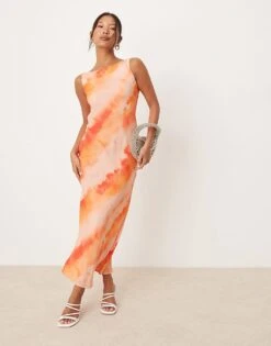 Miss Selfridge Petite Slash Neck Scoop Back Maxi Dress In Orange Tie Dye Print For Women Washed Orange