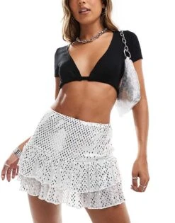 Miss Selfridge Sparkly Ruffle Detail Skort For Women Ivory