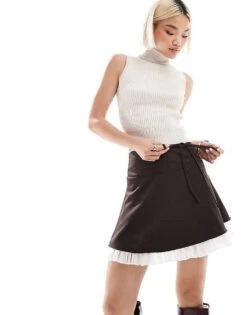 Miss Selfridge Tailored Double Layered Kilt With Chiffon Hem For Women Chocolate