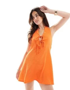 Miss Selfridge Textured Halter Neck Mini Dress For Women Orange